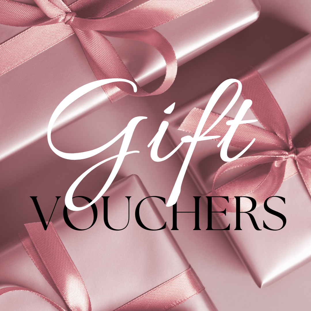 Metallic Pink wrapped gift boxes with the words gift vouchers layered on top. Used for Clarissa K Boutique gift voucher image